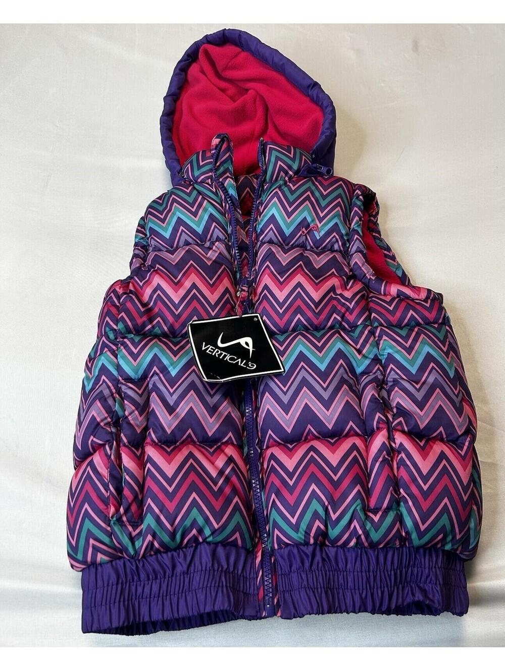 NWT Vertical 9 Girls Puffer Vest S 7/8 Chevron Purple Pink Hooded Fleece Lined